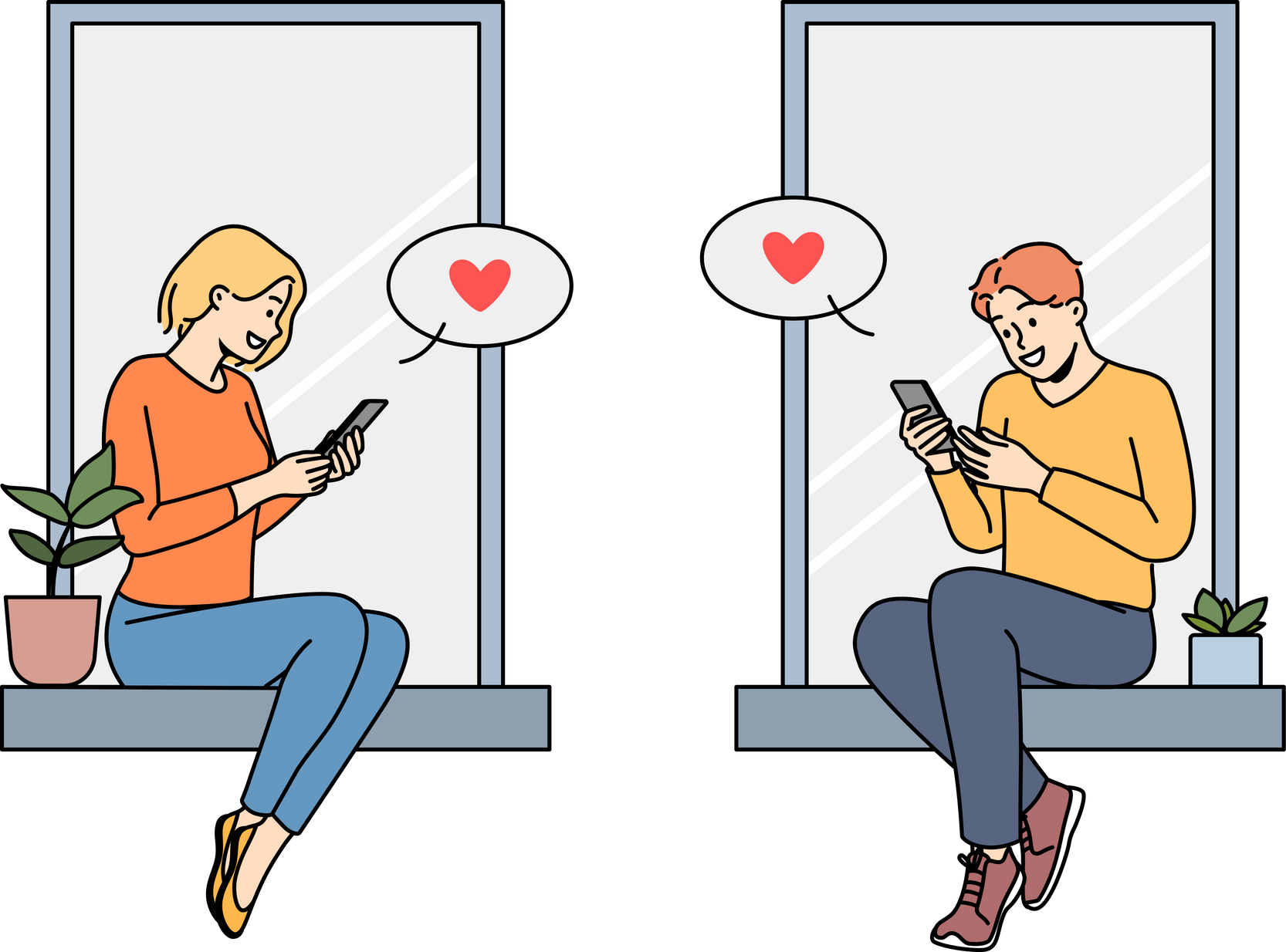 Couple texting online on smartphones